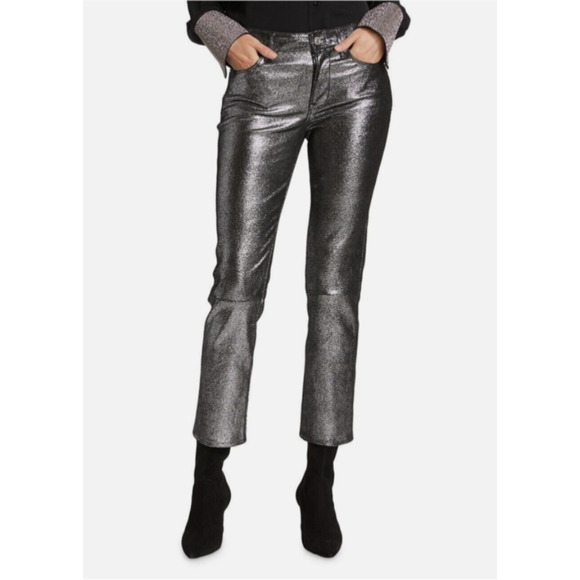 $1,198 FRAME Womens Pant 27 Gunmetal Metallic Lambs Leather Le High Straight A14 - Picture 2 of 14